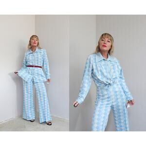 1970's Vintage Deadstock Argyle Bell Bottoms Pants and Blouse Set Women's LG XL